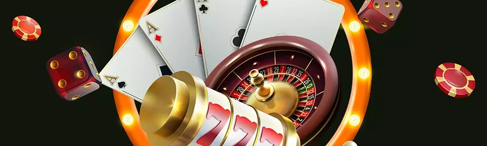 roulette wheel, slot reels and playing cards